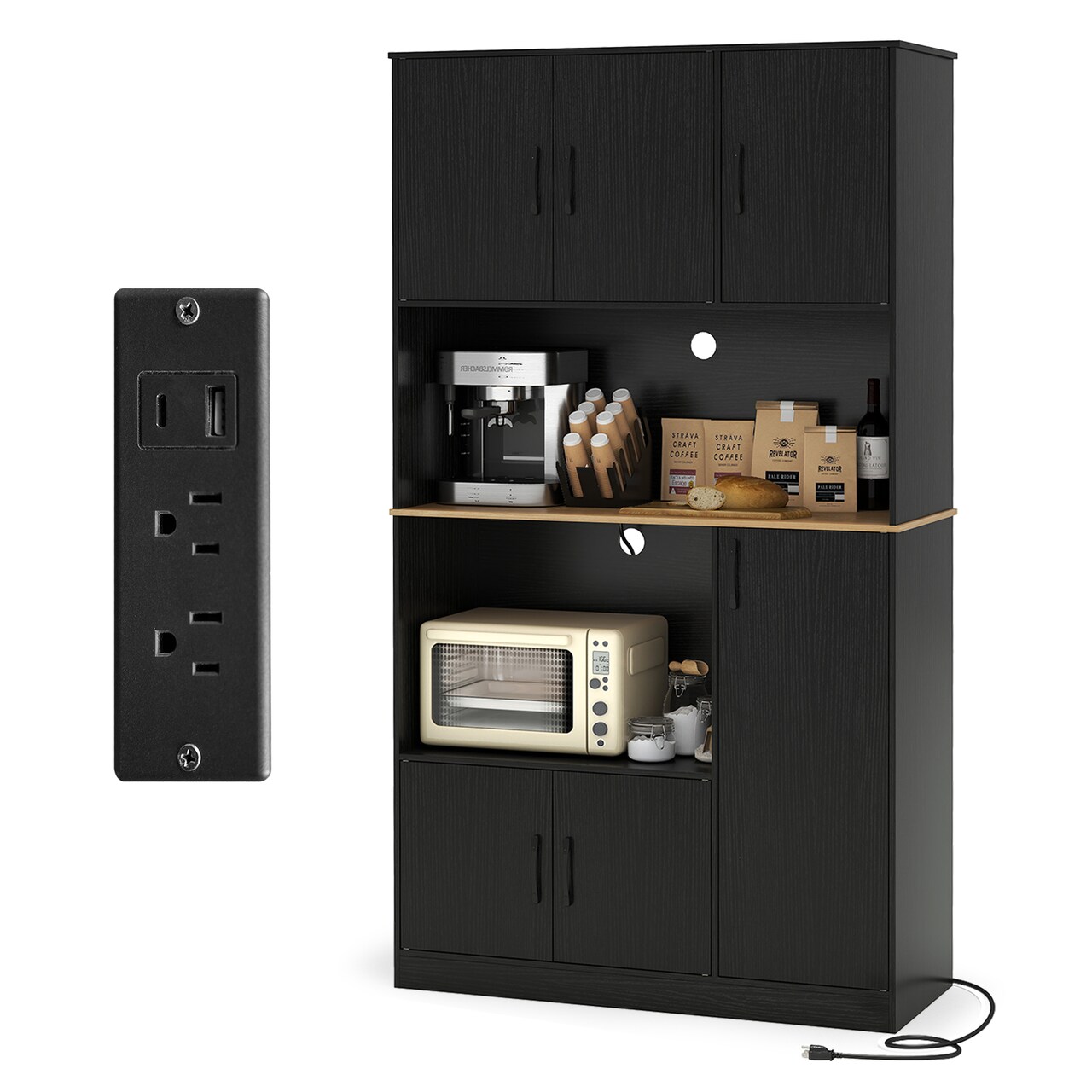 Black Natural Kitchen Pantry Cabinet with Microwave Stand Charging Station